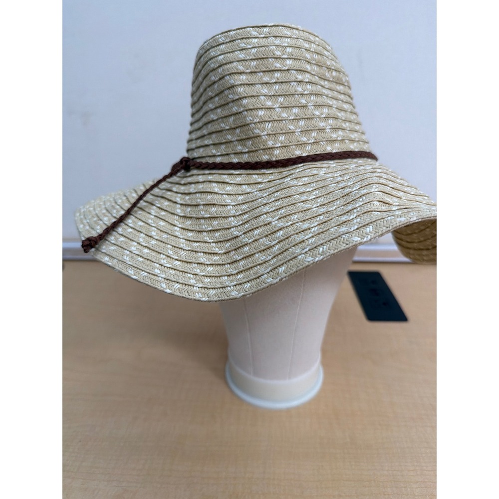 Cruise Club Womens Woven Paper Straw Wide Brim Floppy Sun Hat Tan White Braided